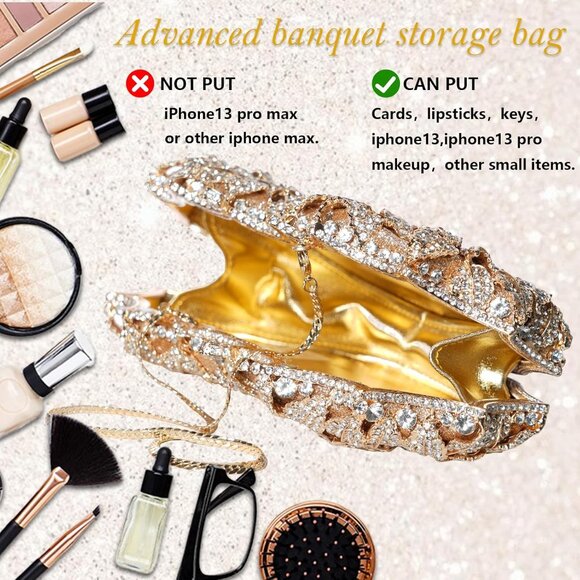 ⚡ Women's Rhinestone Sparkly Handmade Glitter Diamond Flower Gold Clutch Bag - Picture 3 of 6